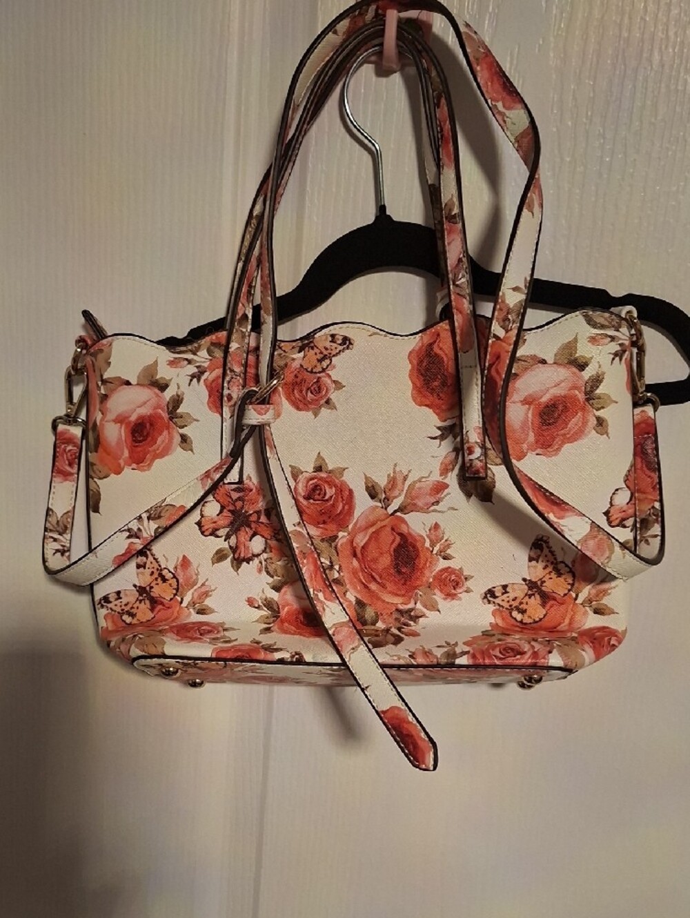 Aldo Floral Rose Print Satchel - White and Peach - Picture 5 of 8